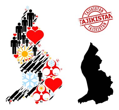 Dokulu Tacikistan Rozeti ve Güneşli Nüfus Virüsü Terapisi Liechtenstein Kolajı Haritası