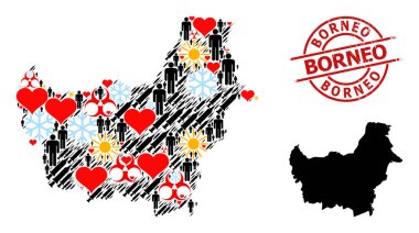 Borneo Adasının desenli Borneo Damgası ve Kış Nüfusu Enfeksiyon Tedavi Kolajı Haritası