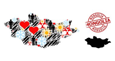 Grunge Moğolistan Damgası ve Sevimli İnsanlar Enfeksiyon Tedavi Mozaik Moğolistan Haritası