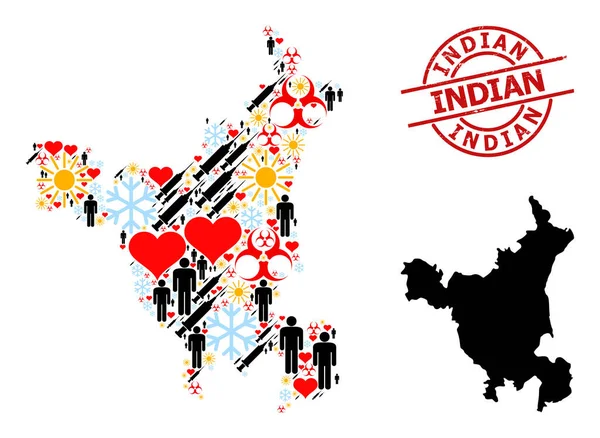 Distress Indian Stamp and Heart Humans Covid-2019 Traitement Mosaïque Carte de l'État de l'Haryana — Image vectorielle