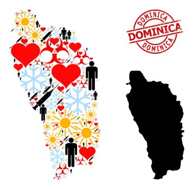 Dominica Stamp Mühür ve Buz Nüfusu Enfeksiyon Tedavi Mozaiği Dominika Adası Haritası
