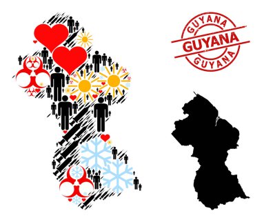Guyana Rozet ve Kalp Nüfus Aşıları Kolajı Guyana Haritası