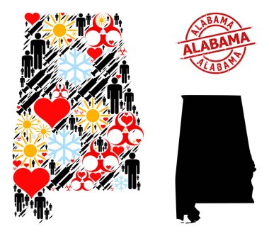 Grunge Alabama Rozeti ve Sevimli Virüs Terapisi Alabama Eyaleti Kolaj Haritası