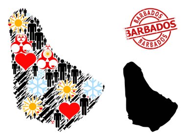 Grunge Barbados Rozet ve Kalp İnsanları Şırınga Kolajı Barbados Haritası