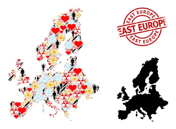 Distresse Europe de l'Est Timbre et givre Population Inoculation Mosaïque Carte de l'Union Euro — Image vectorielle