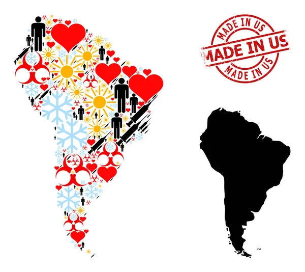 Distress Made in Us Pieczęć i uroczy mężczyźni Infekcja leczenie Mozaika Mapa Ameryki Południowej — Wektor stockowy