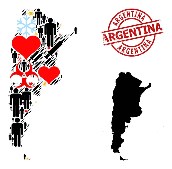 Insignia Argentina texturizada y pacientes encantadores Jeringa Mosaico Mapa de Argentina — Vector de stock