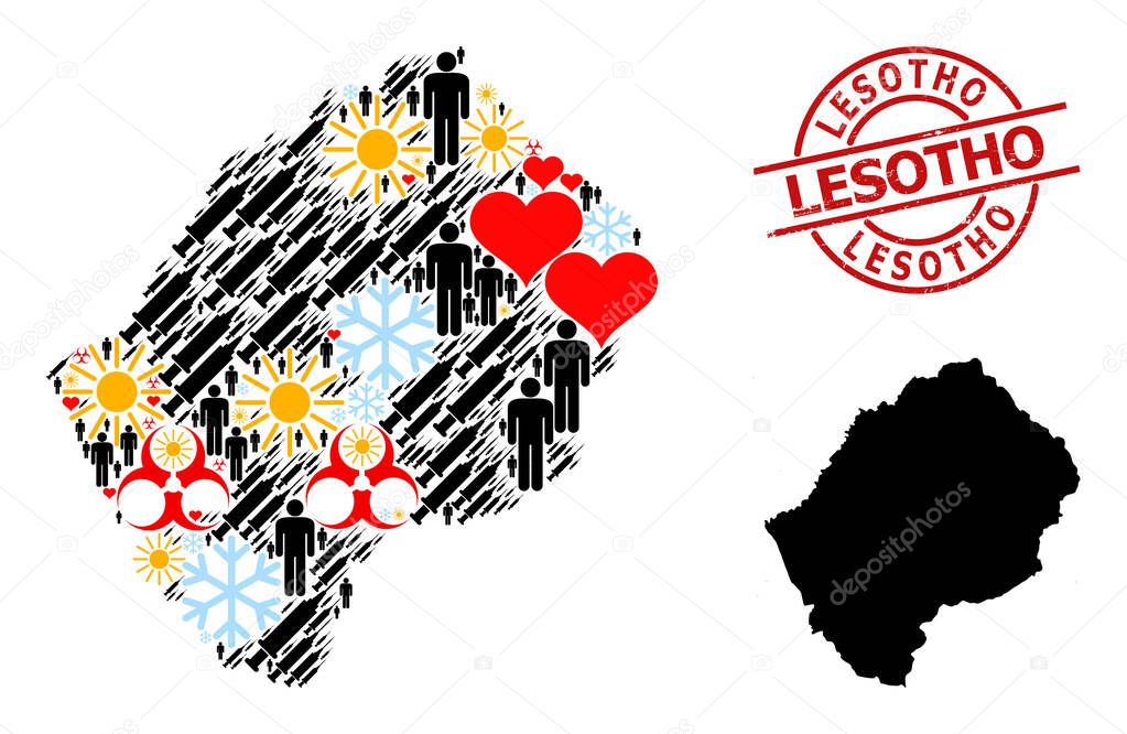 Rubber Lesotho Stamp Seal and Heart Humans Covid-2019 Treatment Mosaic Map of Lesotho