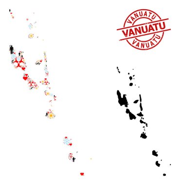 Grunge Vanuatu Damga Mührü ve Sunny Man Covid-2019 Tedavi Kolajı Vanuatu Adaları Haritası