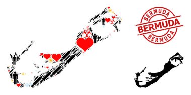 Grunge Bermuda Mührü ve Kalp Nüfusu Enfeksiyon Tedavi Mozaik Haritası Bermuda Adaları