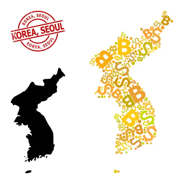 Gummi Korea, Seoul Seal med pengar och Bitcoin Gold Collage Karta över Korea — Stock vektor