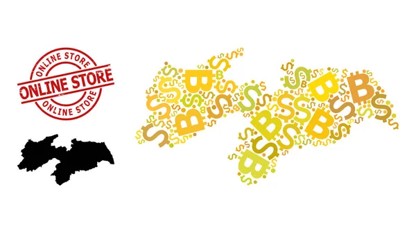 Texturierte Online-Shop-Siegel mit Dollar und BTC Gold Collage Karte des Staates Paraiba — Stockvektor