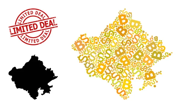Distress Limited Deal Seal mit Dollar und BTC Golden Mosaic Map of Rajasthan State — Stockvektor