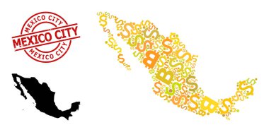 Mexico City desenli Pul Mührü Dolar ve BTC Altın Kolaj Haritası ile Meksika