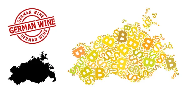 Grunge Timbre du vin allemand avec Dollar et Bitcoin Gold Collage Carte du Mecklembourg-Poméranie Occidentale — Image vectorielle