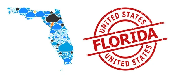 Weer Collage Kaart van Florida State en Rubber Badge — Stockvector