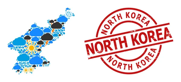 Mapa del patrón climático de Corea del Norte e insignia texturizada — Archivo Imágenes Vectoriales