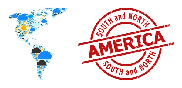 南アメリカと北アメリカの気候パターンマップとグランジシール — ストックベクタ