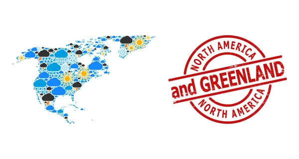 Tiempo Mosaico Mapa de América del Norte y Groenlandia y Sello de Sello Texturizado — Vector de stock