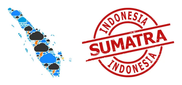 Sumatra Adası ve Grunge Mühür Mührü İklim Deseni Haritası — Stok Vektör