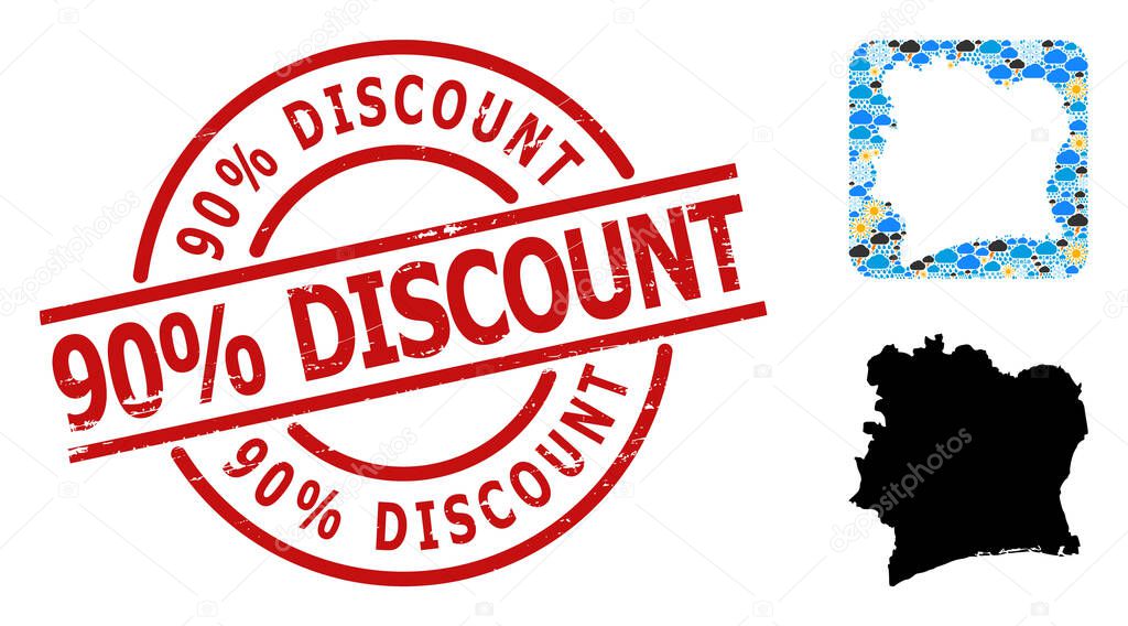 Scratched 90 percent Discount Badge and Hole Weather Collage Map of Ivory Coast