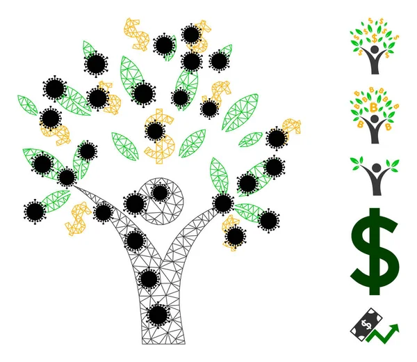 Ícone de malha de armação de arame de homem de árvore de dinheiro com elementos de vírus —  Vetores de Stock