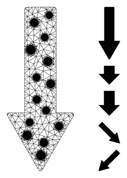 아래 Arrow Wireframe Mesh Pictogram with Coronavirus Elements — 스톡 벡터