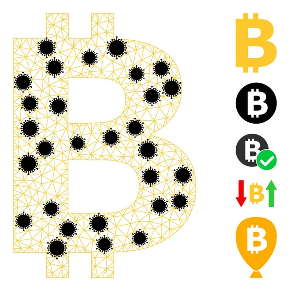 Bitcoin Symbol Triangulated Mesh Piktogramm mit Pathogen-Teilen — Stockvektor