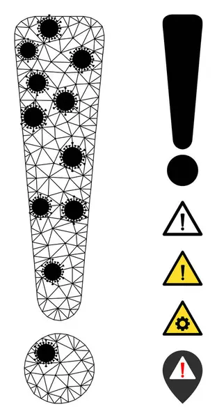 Señal de exclamación Icono de malla triangulada con centros covid — Vector de stock
