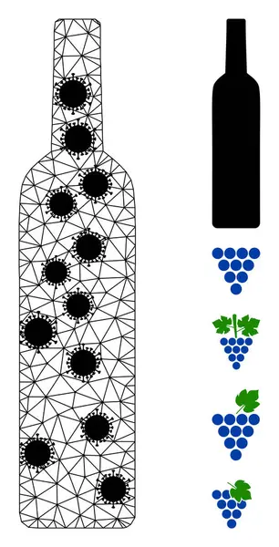 Pictograma de malla de marco de alambre de botella de vino con artículos covid — Vector de stock