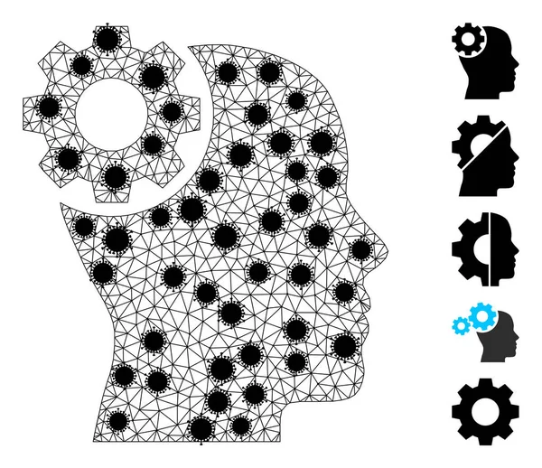 Ícone de malha poligonal de engrenagem cerebral com peças de vírus — Vetor de Stock