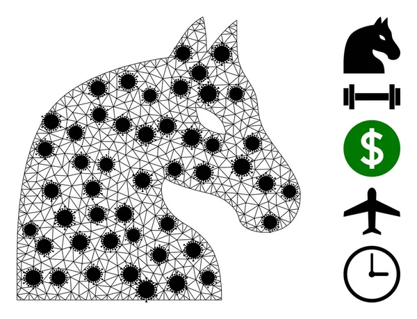 Icona a rete poligonale a cavallo a scacchi con nodi di infezione — Vettoriale Stock