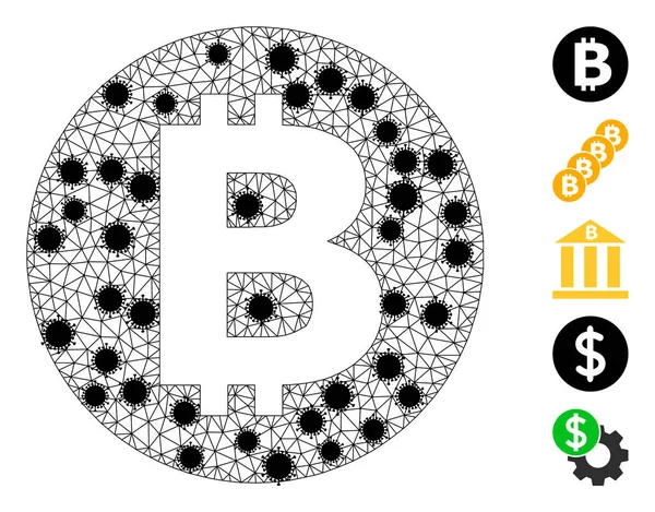 Bitcoin Wireframe Icono de malla con piezas de infección — Vector de stock