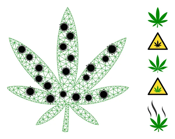 Marijuana Wireframe Mesh Icon with Coronavirus Nodes — Stock Vector
