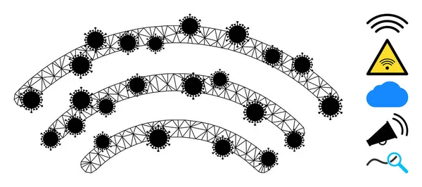 Radiogolven Wireframe Mesh Icon met Coronavirus Nodes — Stockvector