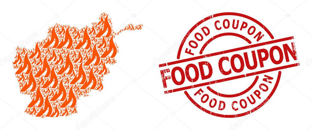 Rubber Food Coupon Badge and Fire Collage of Afghanistan Map