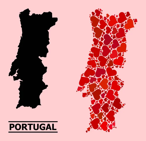 Red Heart Mosaic Map of Portugal — Stock Vector
