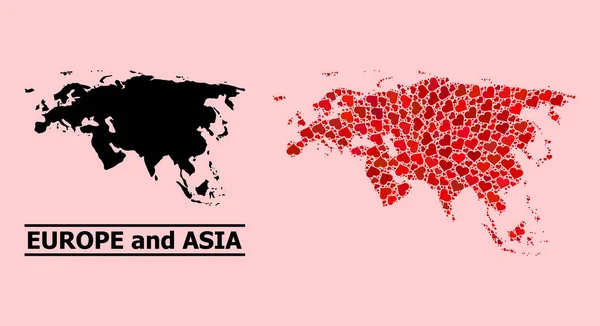 Röd Valentine Mosaik Karta över Europa och Asien — Stock vektor