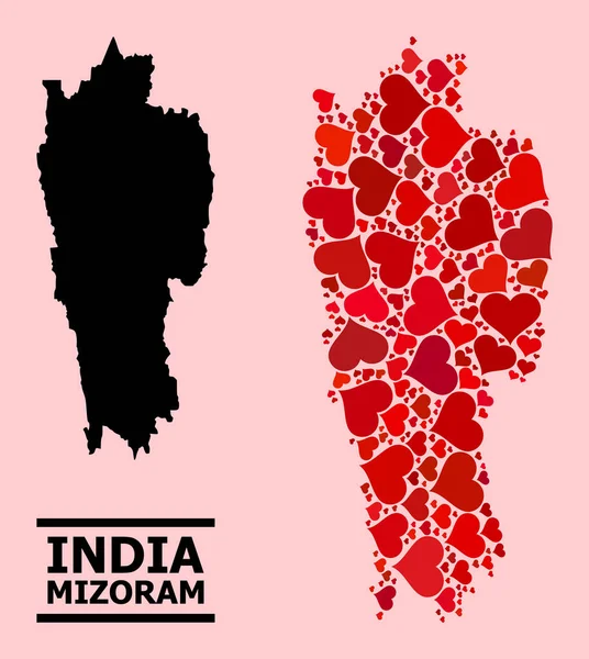 Corazón rojo mosaico mapa del estado de Mizoram — Vector de stock
