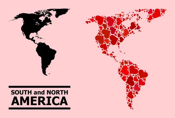 南アメリカと北アメリカの赤い愛のハートパターンマップ — ストックベクタ