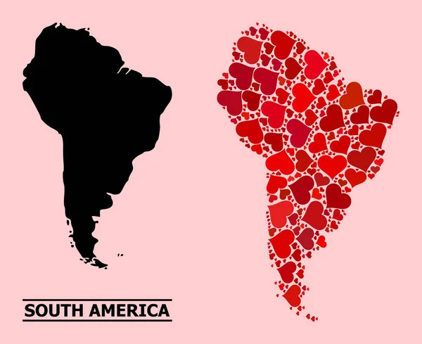 Red Heart Mosaic Carte de l'Amérique du Sud — Image vectorielle