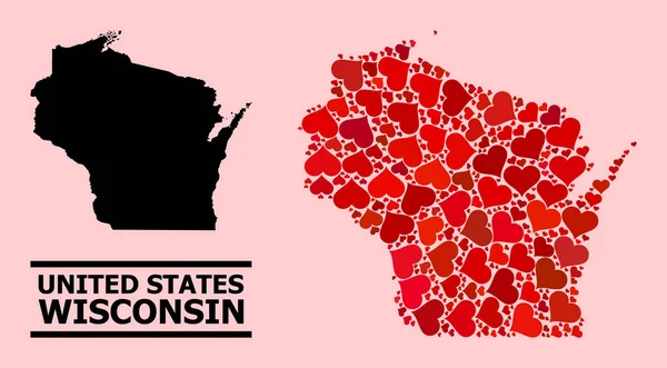 Red Lovely Collage Mappa dello stato del Wisconsin — Vettoriale Stock