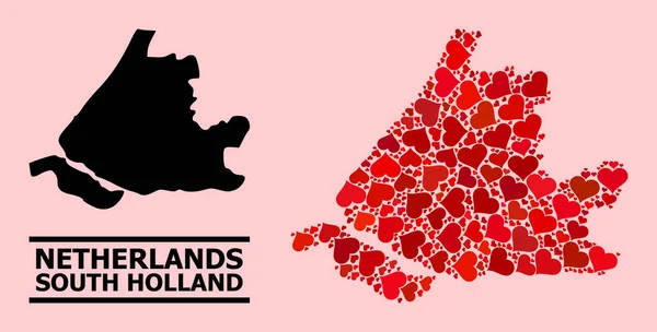 Red Love Heart Collage Dél-Hollandia térképe — Stock Vector