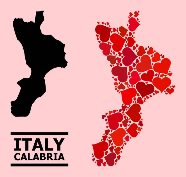 Rode Liefde Hart Patroon Kaart van Calabrië — Stockvector