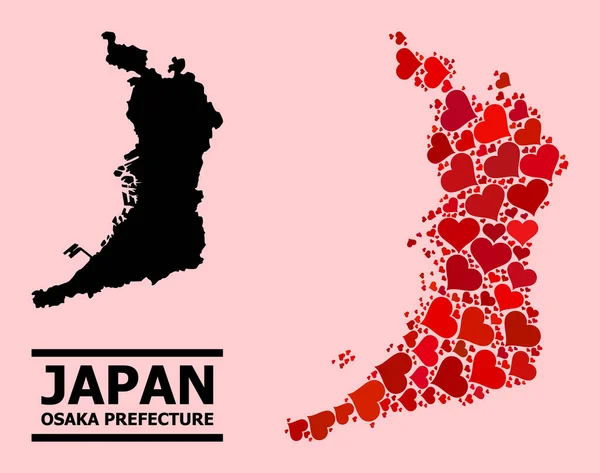 Red Love Collage mapa da província de Osaka —  Vetores de Stock