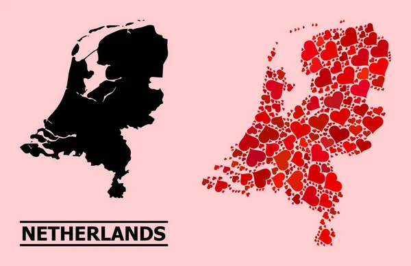 Red Love Mosaic Mapa de Países Bajos — Archivo Imágenes Vectoriales