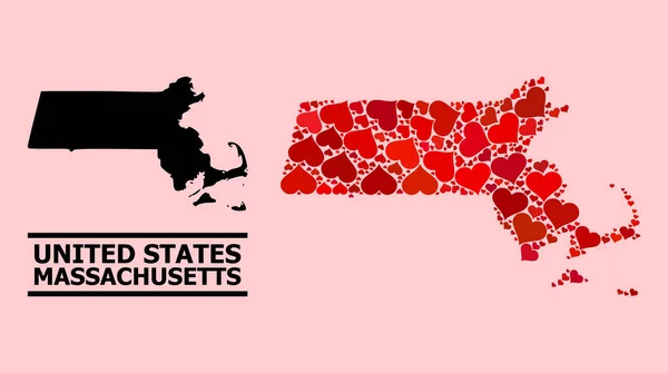 Red Love Heart Mosaic Mapa do Estado de Massachusetts —  Vetores de Stock