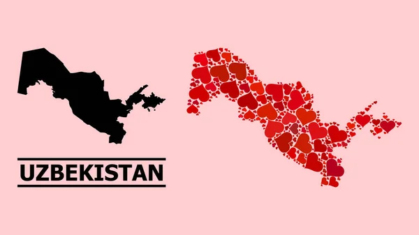 Collage del Corazón Rojo Mapa de Uzbekistán — Vector de stock