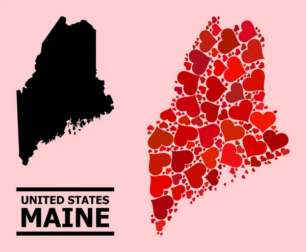 Rode Hart Mozaïek Kaart van Maine State — Stockvector