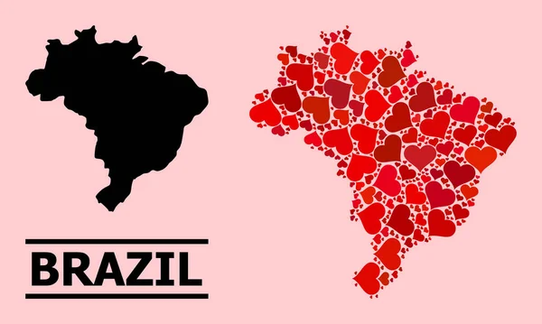 Red Love Heart Pattern Map of Brazil — Stock Vector